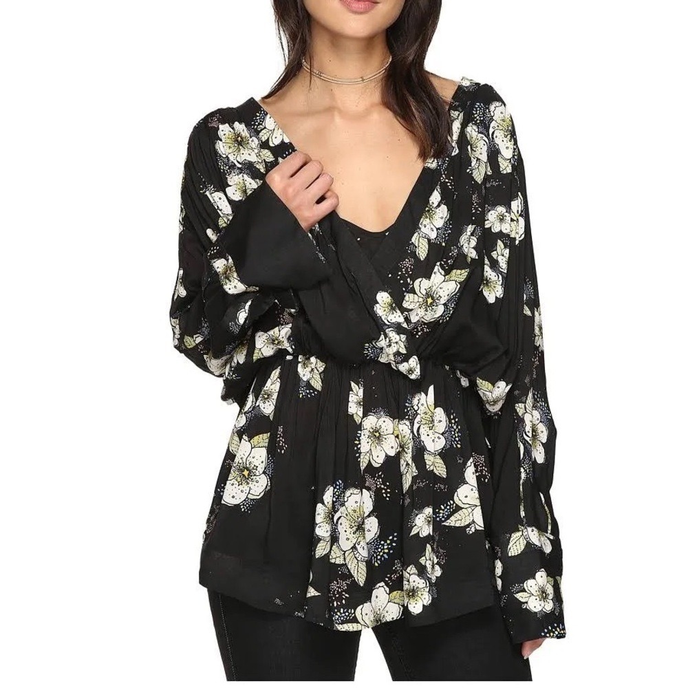 Free People Cherry‎ Blossom Wrap Top Women S Black Floral Long Sleeve Tie Cuff